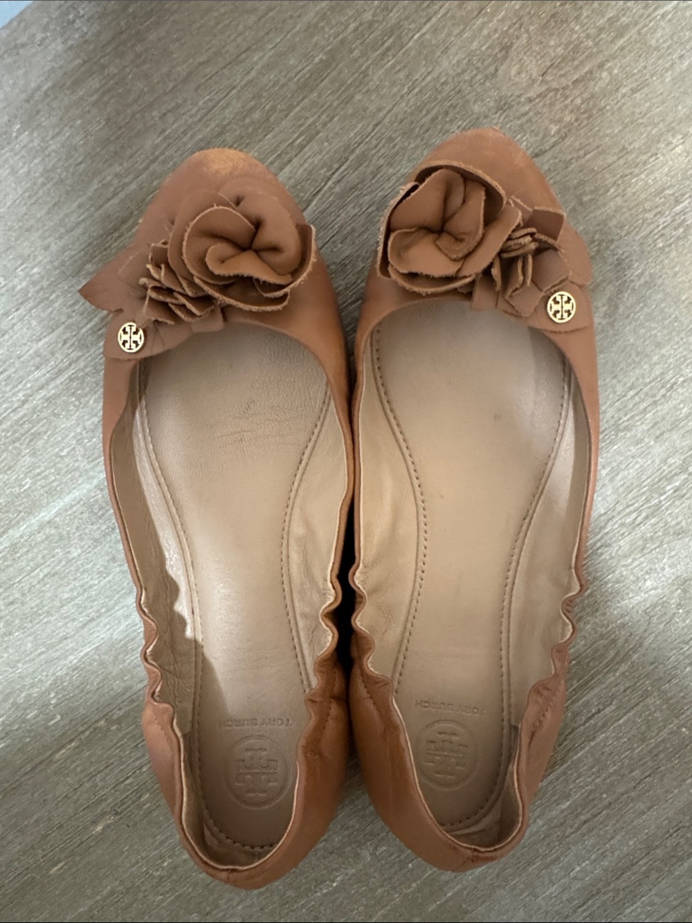 Tory Burch Tan Leather Floral Ballet Flats